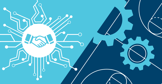 graphic depicting partnership, technology, and team players